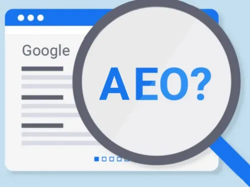 imagen de AEO con lupa y página de resultados de google